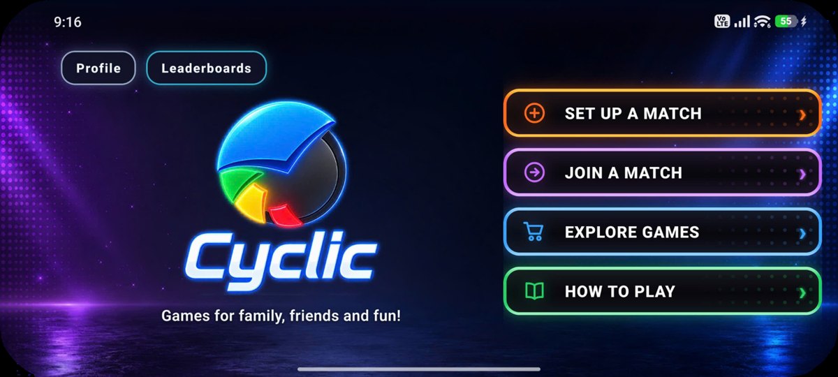 Cyclic Games app home screen